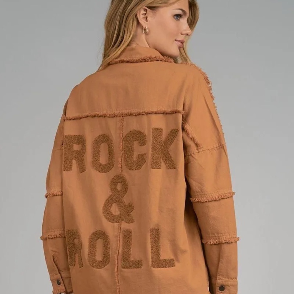 Elan Women's Tan Jacket with Rock & Roll Design NWT IN BAG